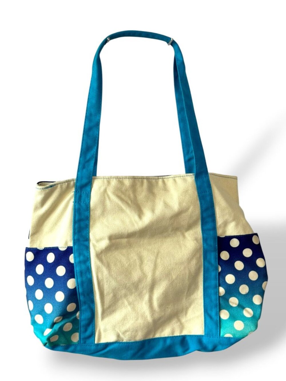 Disney Minnie Mouse Tote Bag Canvas Polka Dot & Striped Print Blue/White - Picture 6 of 11